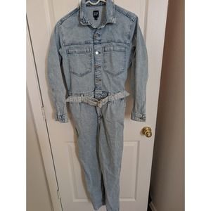 GAP Denim Jumpsuit Belted Long Sleeve Casual Light Wash Women's‎ Size 8